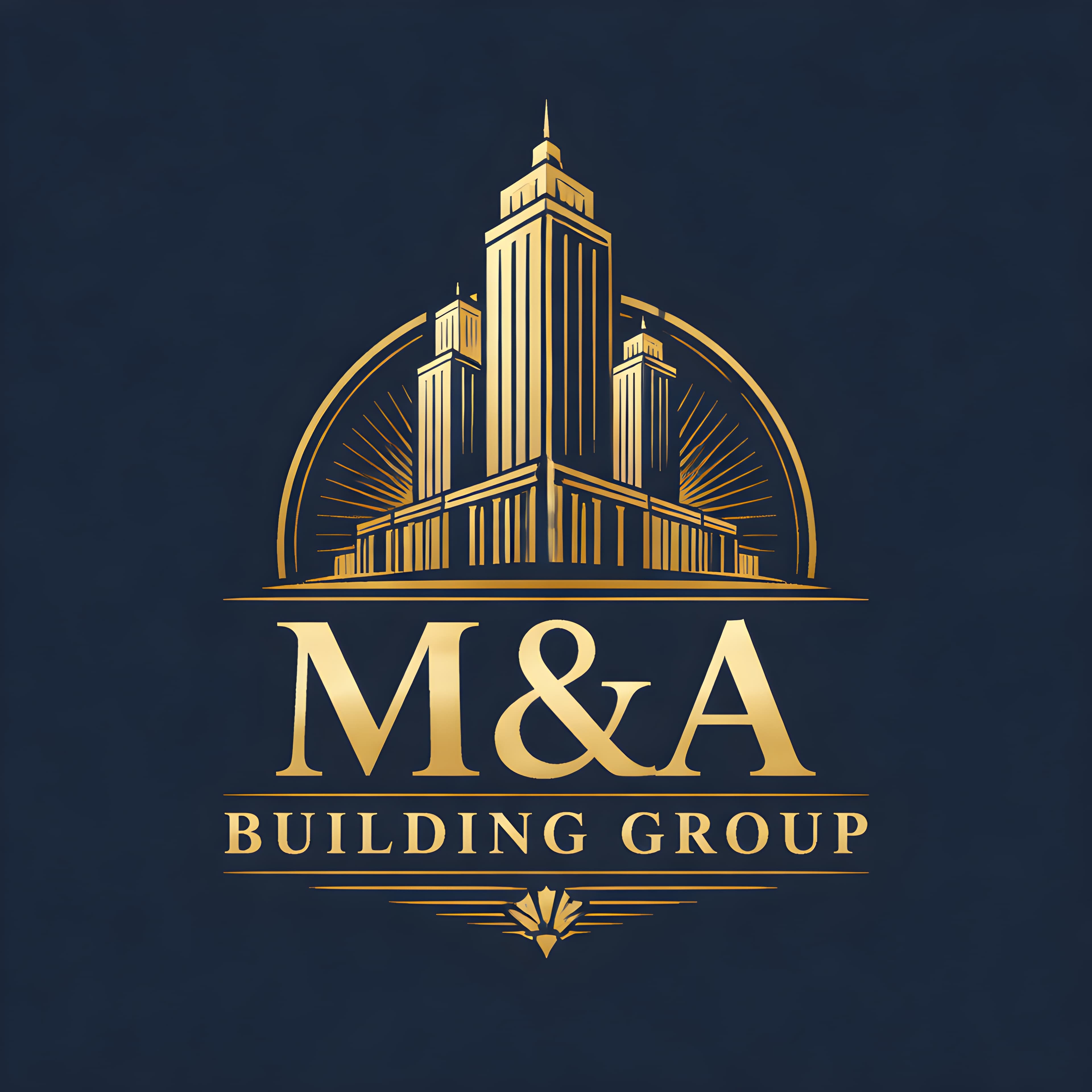 Elegant gold logo for M&A Building Group featuring skyscrapers and an arched sunburst background.